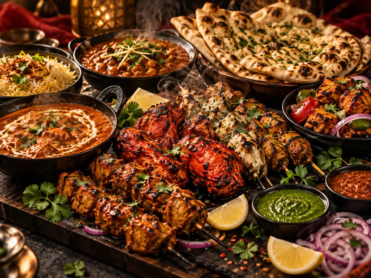 Indian feast with tandoori dishes, curries and naan